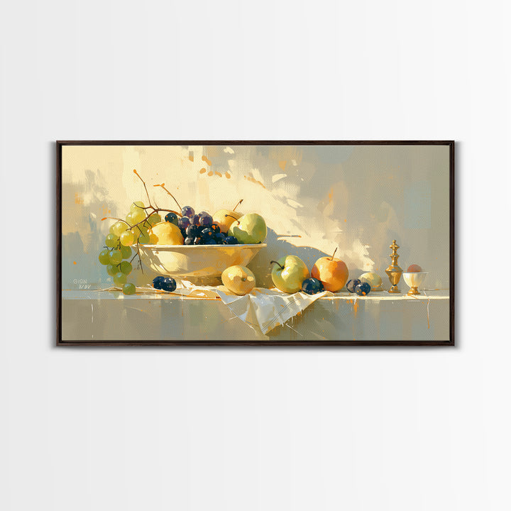 Simple Still Life of Fruit and Linen Framed Canvas Print, General Fine Art, Oil Painting, Living Room Decor, Abstract Art, GEN-2x1-84