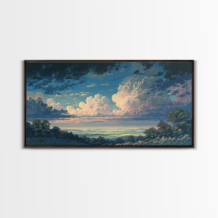 Romantic Cloudscape with Blush and Cream Tones Framed Canvas Print, General Fine Art, Painting, Living Room Decor, Fine Art, GEN-2x1-86
