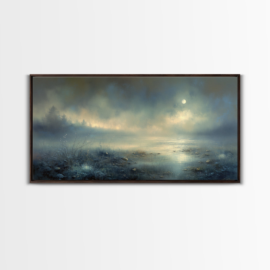 Dreamlike Moonlit Lake Framed Canvas Print, General Fine Art, Art, Living Room Decor, Fine Art, Mid Century Modern, GEN-2x1-9