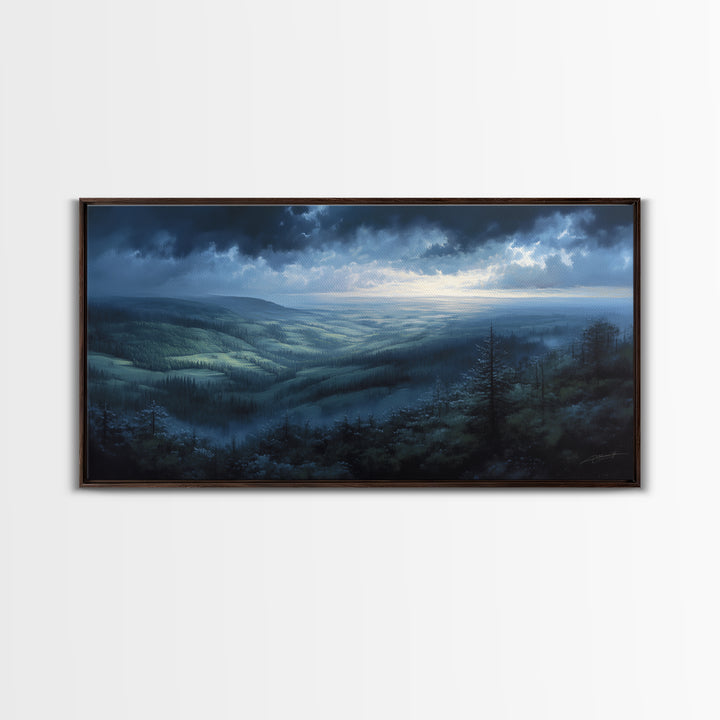 Misty Mountain Valley Framed Canvas Print, General Fine Art, Art Deco, Living Room Decor, Fine Art, Fine Art Print, GEN-2x1-96