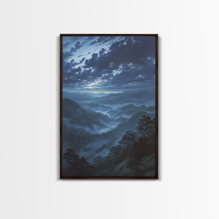 Misty Mountain Valley Framed Canvas Print, General Fine Art, Decor, Living Room Decor, Fine Art, Digital Wall Art, GEN-2x3-12