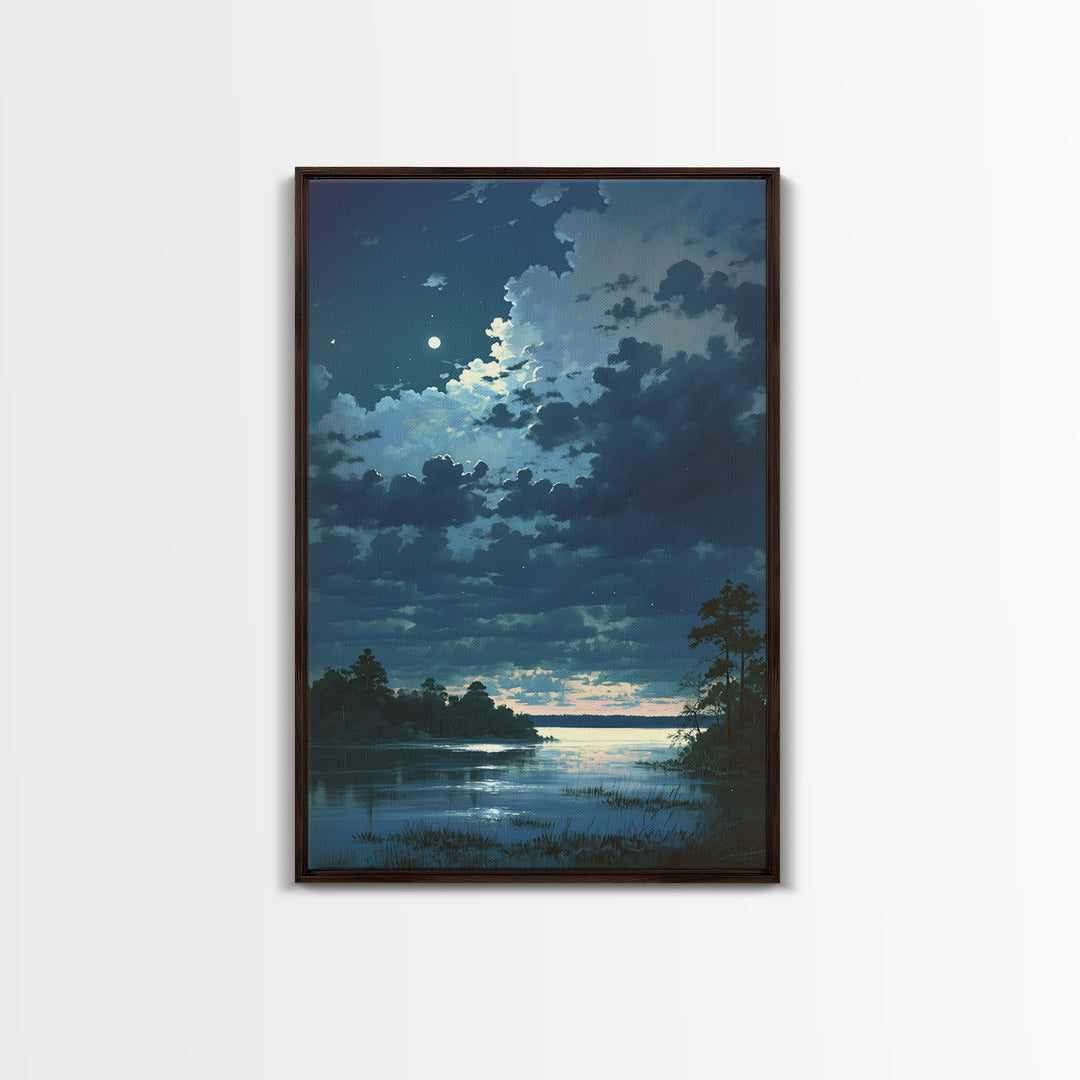 Dreamlike Moonlit Lake Framed Canvas Print, General Fine Art, Decor, Living Room Decor, Fine Art, Digital Wall Art, GEN-2x3-21