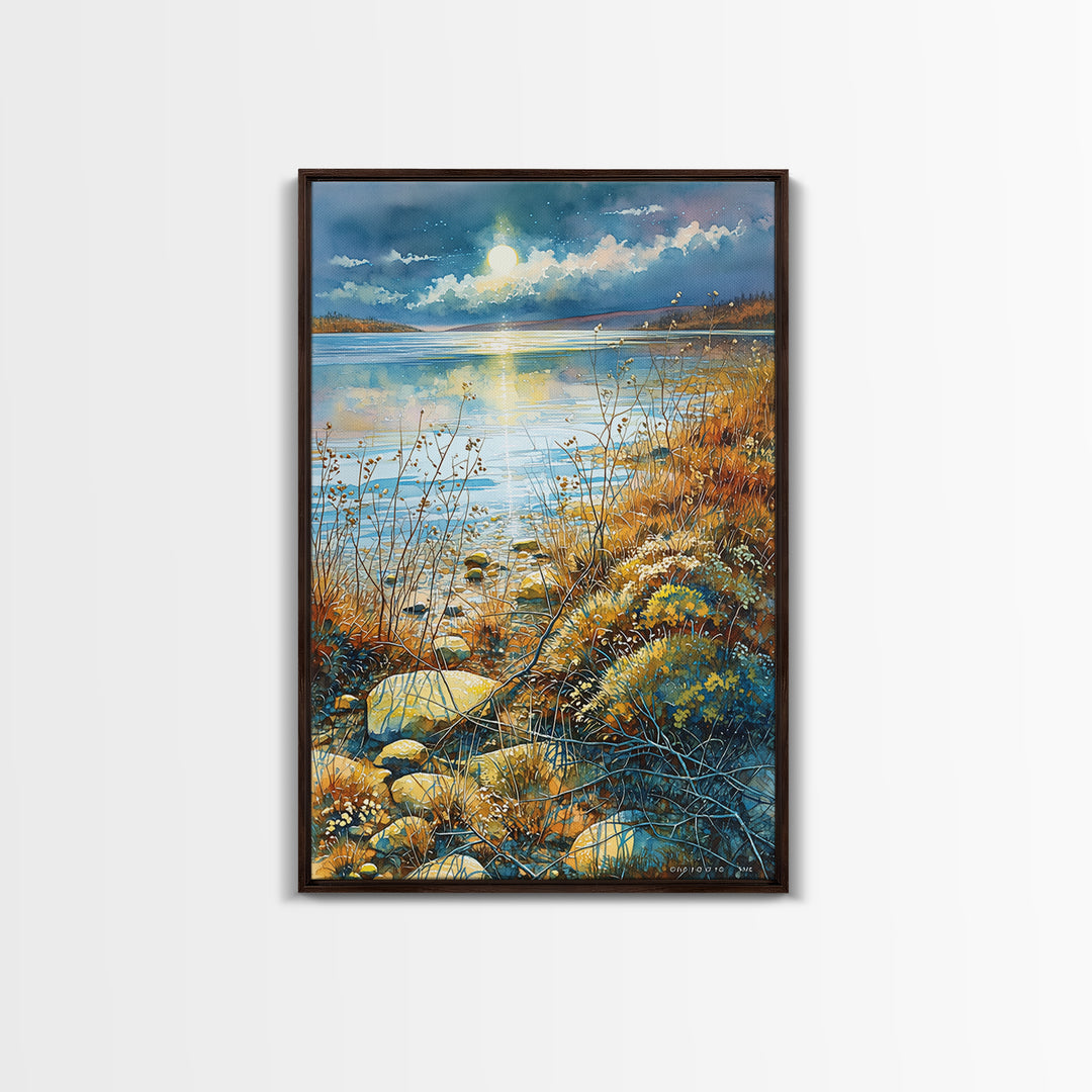 Dreamlike Moonlit Lake Canvas Print, General Fine Art, Printable, Living Room Decor, Oil Painting, Framed Wall Art, GEN-2x3-45