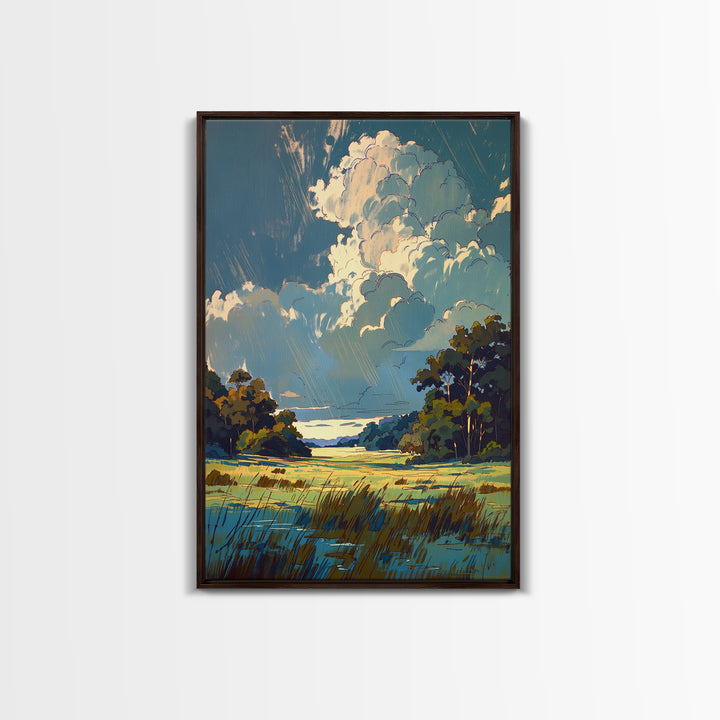 Sunlit Meadow with Loose Impressionist Brushwork Framed Canvas Print, General Fine Art, Poster, Living Room Decor, Fine Art, GEN-2x3-46
