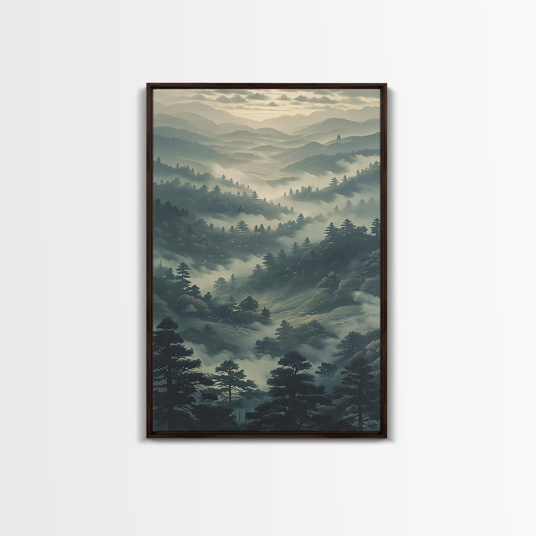 Misty Mountain Valley Framed Canvas Print, General Fine Art, Art Prints, Living Room Decor, Fine Art, Wall Hanging, GEN-2x3-60