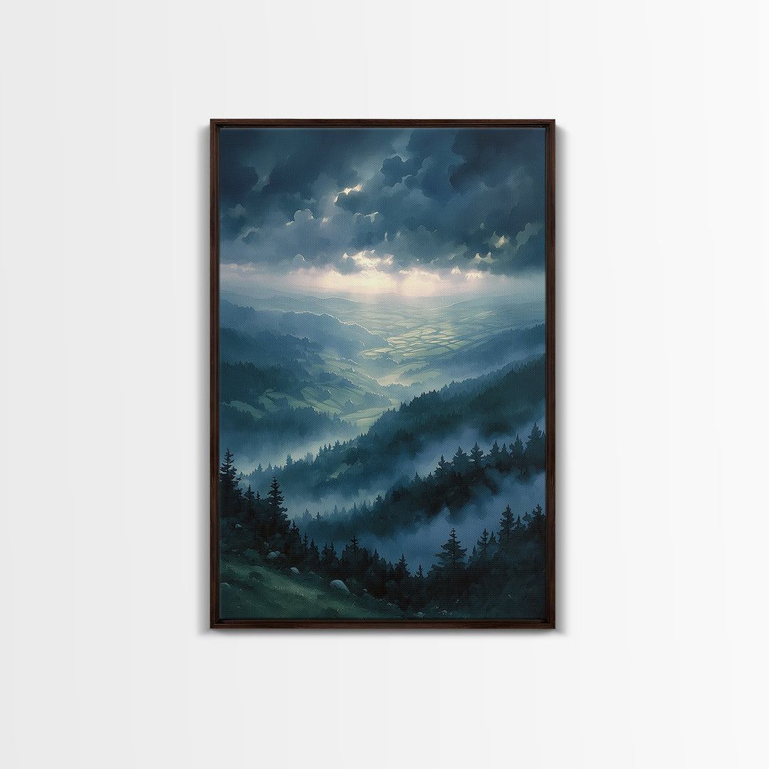Misty Mountain Valley Framed Canvas Print, General Fine Art, Modern Decor, Living Room Decor, Fine Art, Poster, GEN-2x3-84