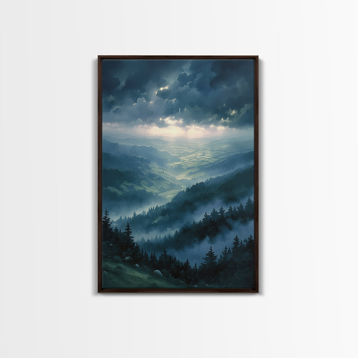 Misty Mountain Valley Framed Canvas Print, General Fine Art, Modern Decor, Living Room Decor, Fine Art, Poster, GEN-2x3-84