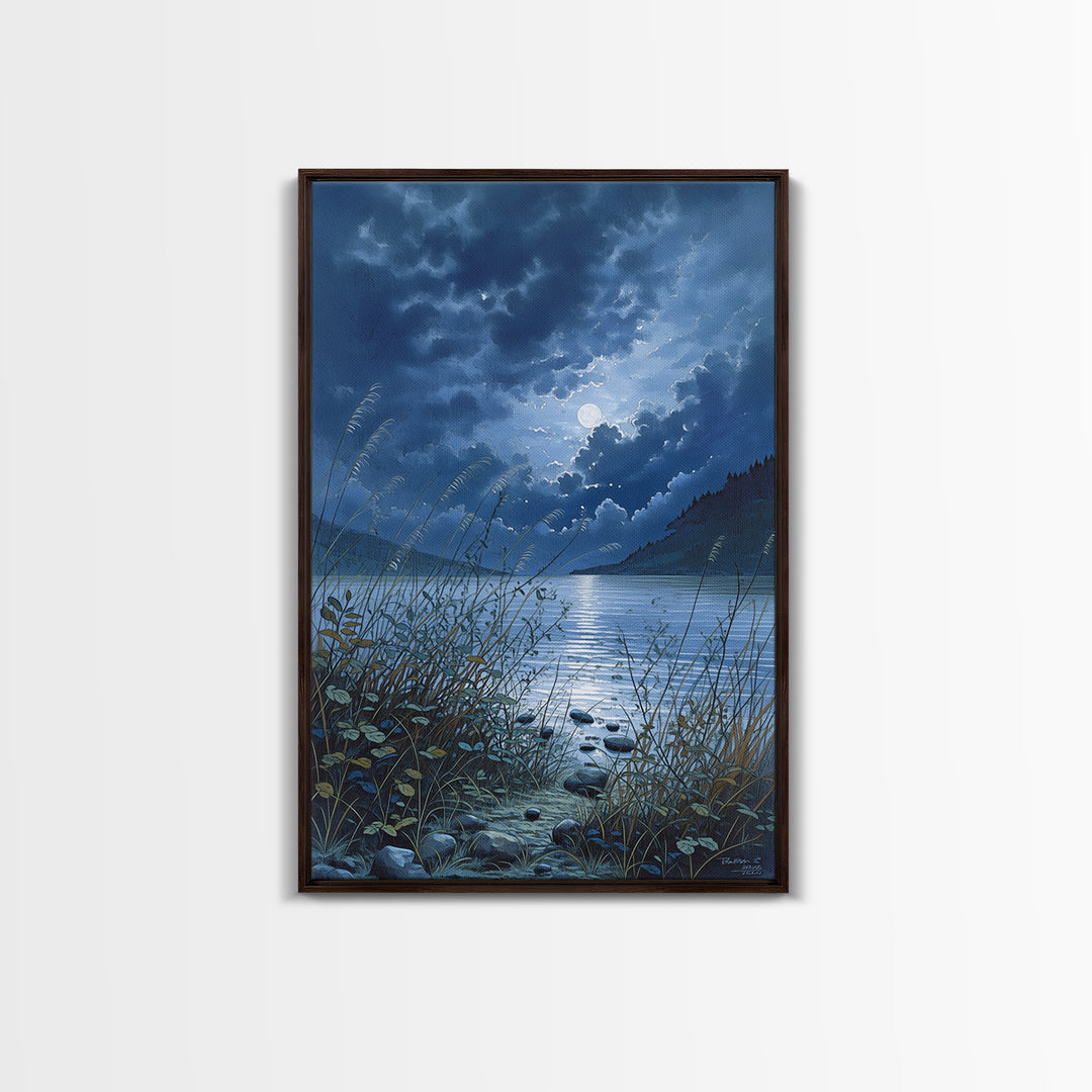 Dreamlike Moonlit Lake Framed Canvas Print, General Fine Art, Oil Painting, Living Room Decor, Fine Art, Gallery Decor, GEN-2x3-93