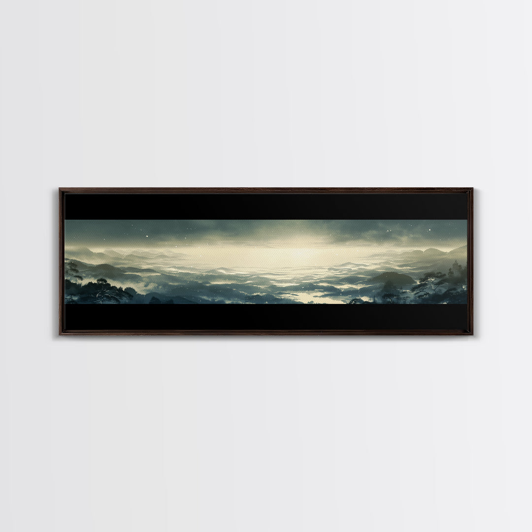 Elegant Ink Wash Landscape Framed Canvas Print, General Fine Art, Framed Wall Art, Living Room Decor, Watercolor Art, GEN-3x1-12