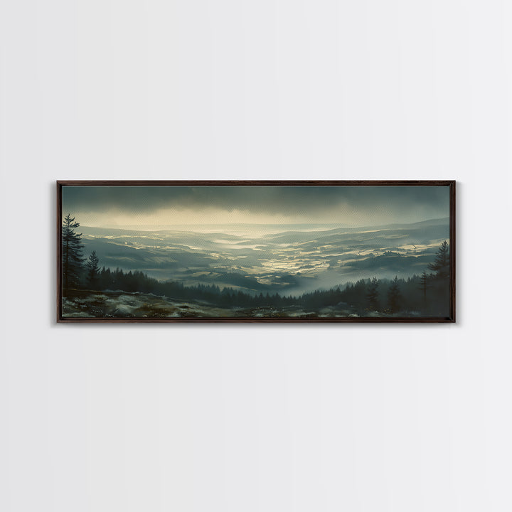 Misty Mountain Valley Framed Canvas Print, General Fine Art, Modern Decor, Living Room Decor, Fine Art, Poster, GEN-3x1-44