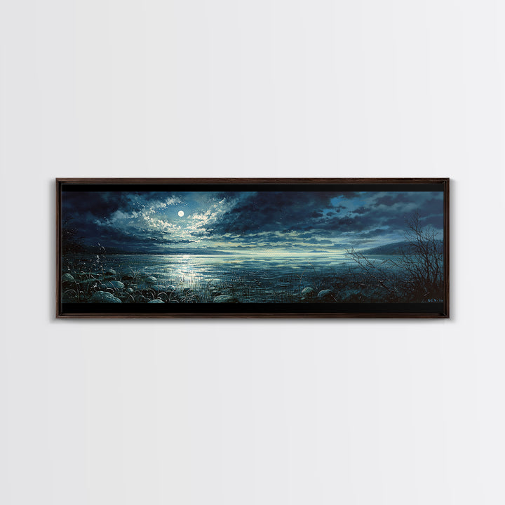 Dreamlike Moonlit Lake Framed Canvas Print, General Fine Art, Wall Art Prints, Living Room Decor, Watercolor Art, GEN-3x1-5