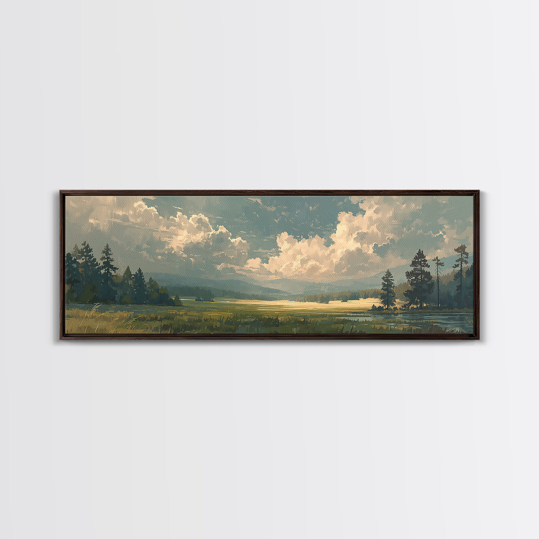 Sunlit Meadow with Loose Impressionist Brushwork Canvas Print, General Fine Art, Framed Wall Art, Living Room Decor, GEN-3x1-6
