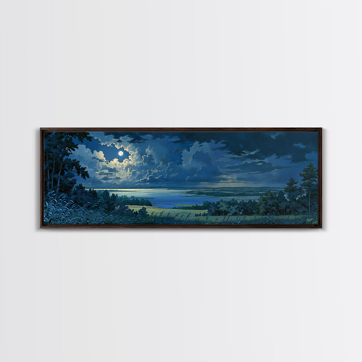 Dreamlike Moonlit Lake Framed Canvas Print, General Fine Art, Abstract Art, Living Room Decor, Oil Painting, GEN-3x1-77