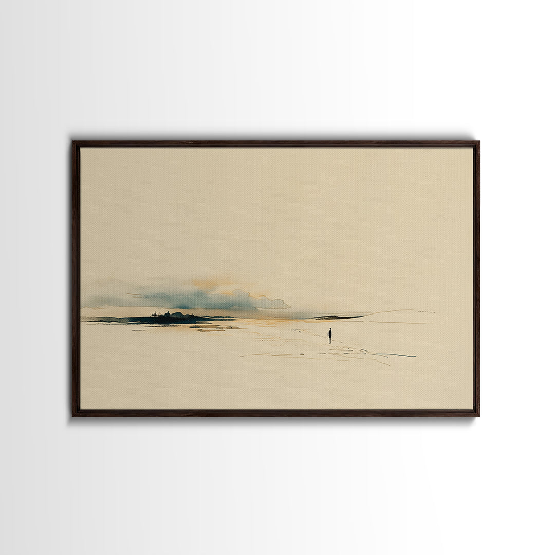 Minimal Black Line Figure on Textured Paper Framed Canvas Print, General Fine Art, Digital Art, Living Room Decor, Fine Art, GEN-3x2-7