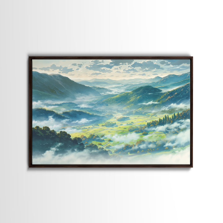 Misty Mountain Valley Framed Canvas Print, General Fine Art, Art Deco, Living Room Decor, Fine Art, Fine Art Print, GEN-3x2-8