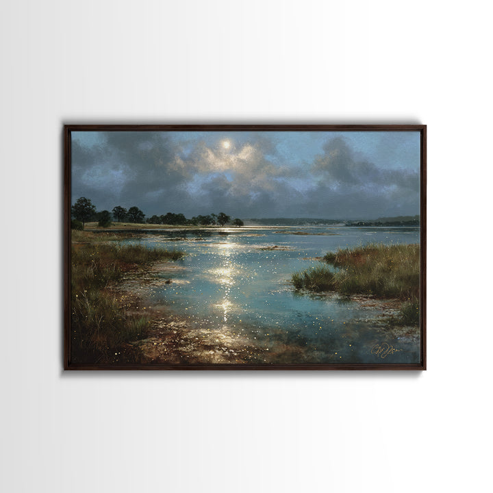 Dreamlike Moonlit Lake Canvas Print, General Fine Art, Boho Decor, Living Room Decor, Fine Art, Wall Decor, Painting, GEN-3x2-89