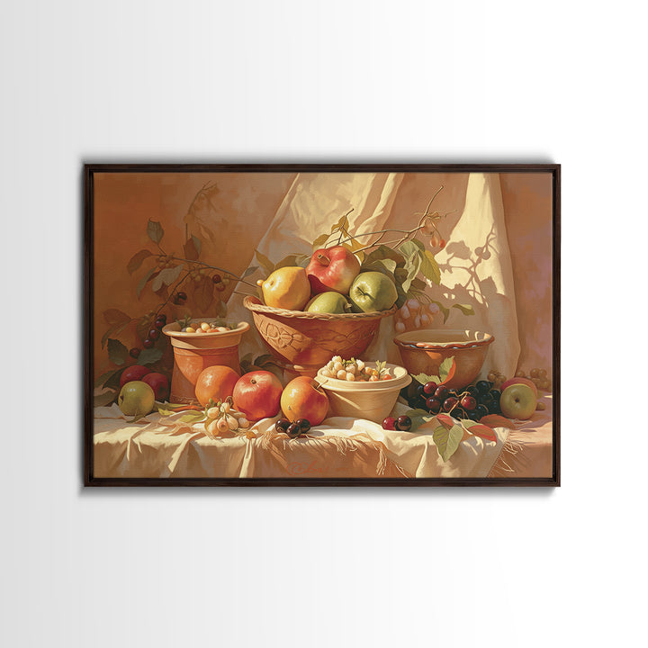 Simple Still Life of Fruit and Linen Framed Canvas Print, General Fine Art, Art, Living Room Decor, Abstract Art, GEN-3x2-92