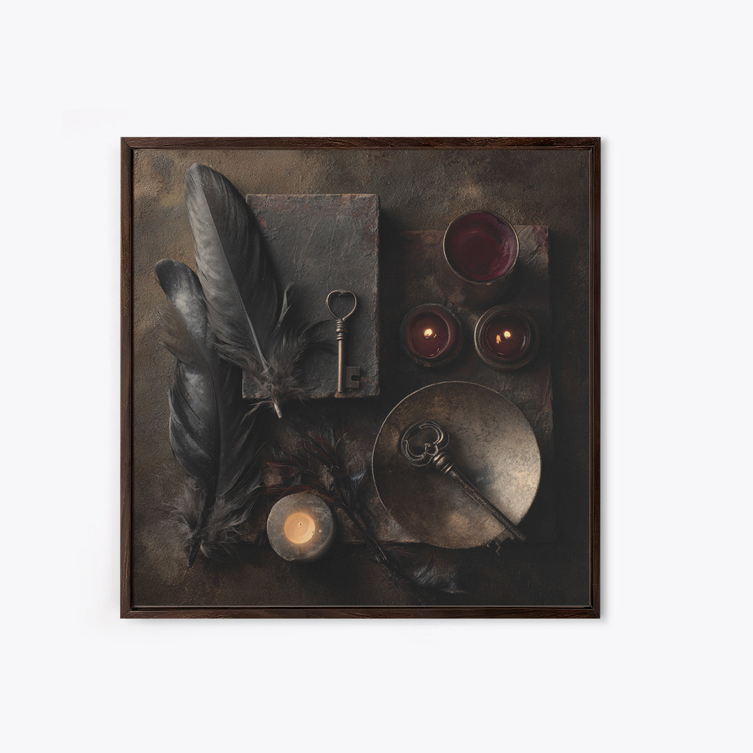 Crow Feathers and Antique Key Still Life Framed Canvas Print, Gothic Art, Halloween Decor, Living Room Decor, Fine Art, Gothic, GOT-1x1-12