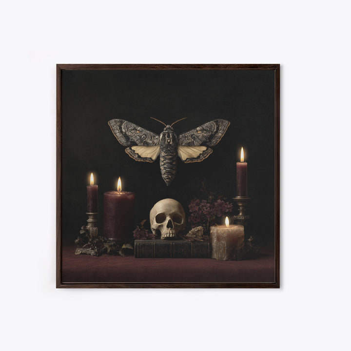 Moth and Skull Composition on Black Velvet Canvas Print, Gothic Art, Canvas Tote Bag, Living Room Decor, Oil Painting, Gothic, GOT-1x1-15