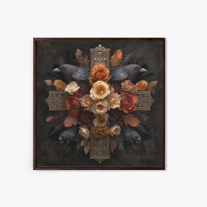 Ornate Cross and Roses Dramatic Still Life Canvas Print, Gothic Art, Art Print, Living Room Decor, Gothic, Whimsigoth Decor, GOT-1x1-20
