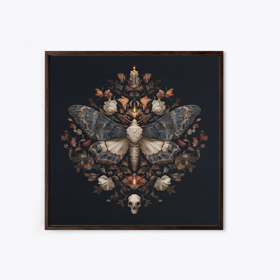 Moth and Skull Composition on Black Velvet Framed Canvas Print, Gothic Art, Gothic Wall Art, Living Room Decor, Gothic, GOT-1x1-39
