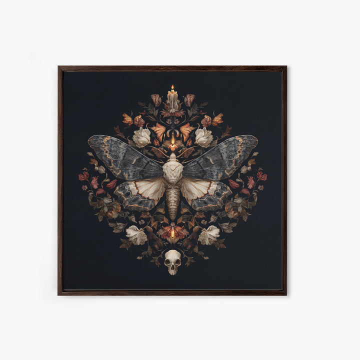 Moth and Skull Composition on Black Velvet Framed Canvas Print, Gothic Art, Gothic Wall Art, Living Room Decor, Gothic, GOT-1x1-39