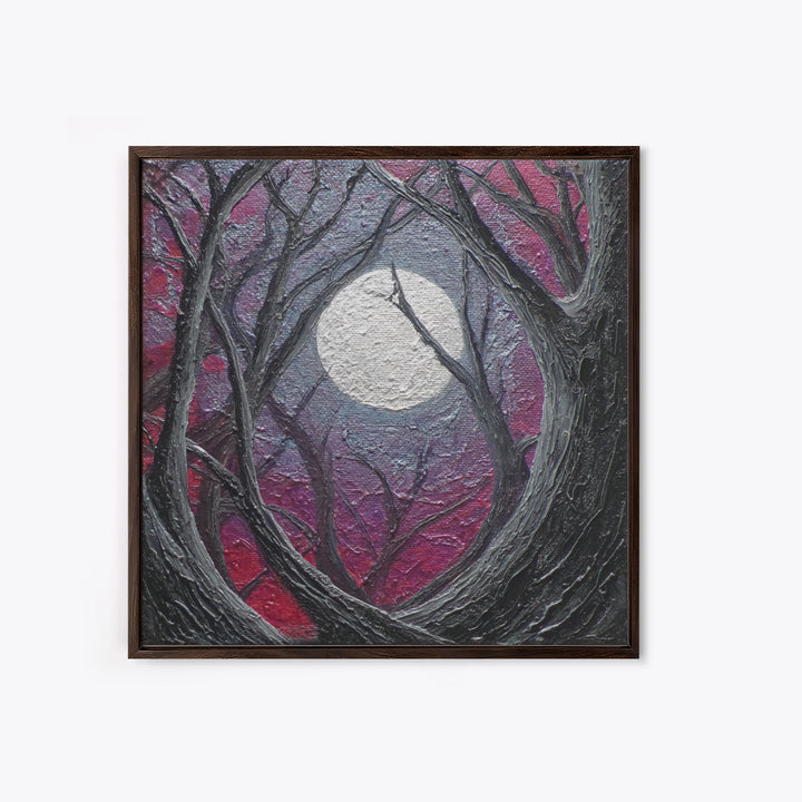 Silver Moon over Twisted Black Trees Framed Canvas Print, Gothic Art, Fine Art Print, Living Room Decor, Abstract Art, Gothic, GOT-1x1-57
