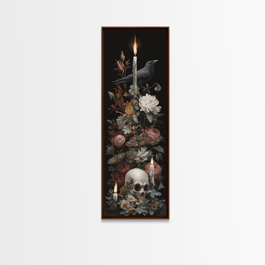 Moth and Skull Composition on Black Velvet Canvas Print, Gothic Art, Art Prints, Living Room Decor, Oil Painting, Gothic, GOT-1x3-27