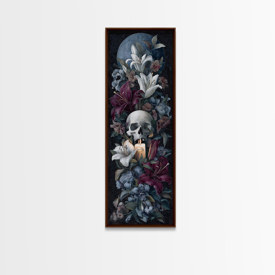Skull Surrounded by Lilies and Candles Canvas Print, Gothic Art, Halloween Art, Living Room Decor, Gothic, Neutral Decor, GOT-1x3-89