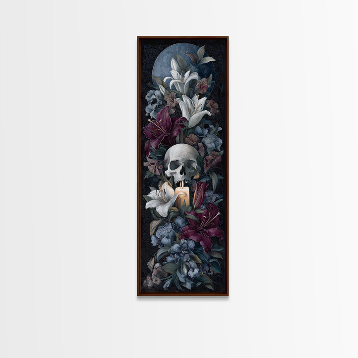 Skull Surrounded by Lilies and Candles Canvas Print, Gothic Art, Halloween Art, Living Room Decor, Gothic, Neutral Decor, GOT-1x3-89