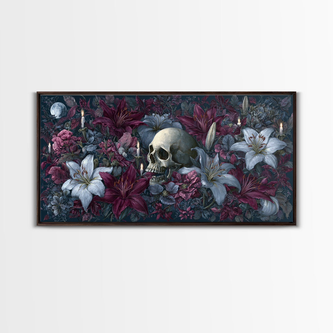 Skull Surrounded by Lilies and Candles Framed Canvas Print, Gothic Art, Home Decor, Living Room Decor, Fine Art, Gothic, GOT-2x1-1