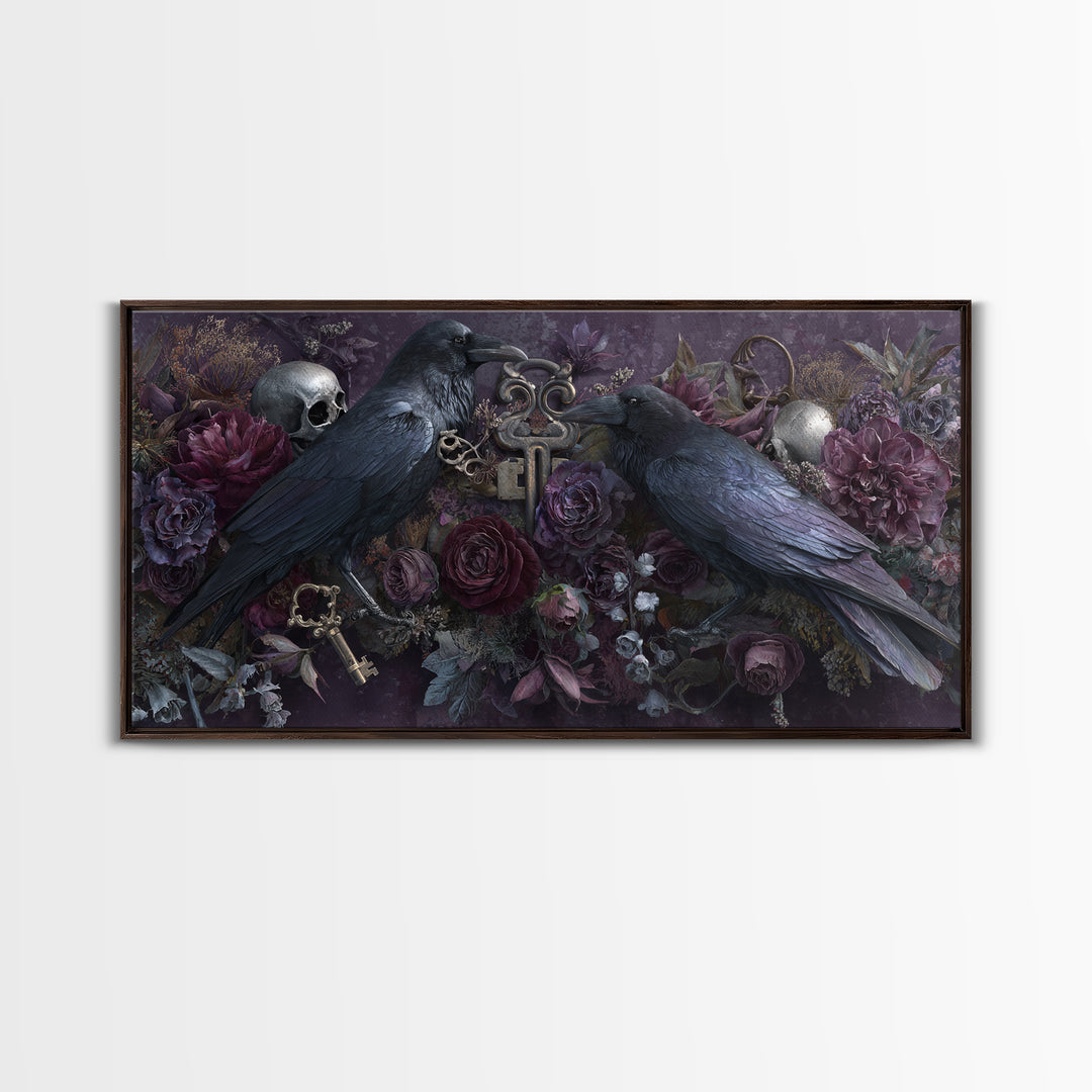Crow Feathers and Antique Key Still Life Canvas Print, Gothic Art, Contemporary Art, Living Room Decor, Oil Painting, Gothic, GOT-2x1-32
