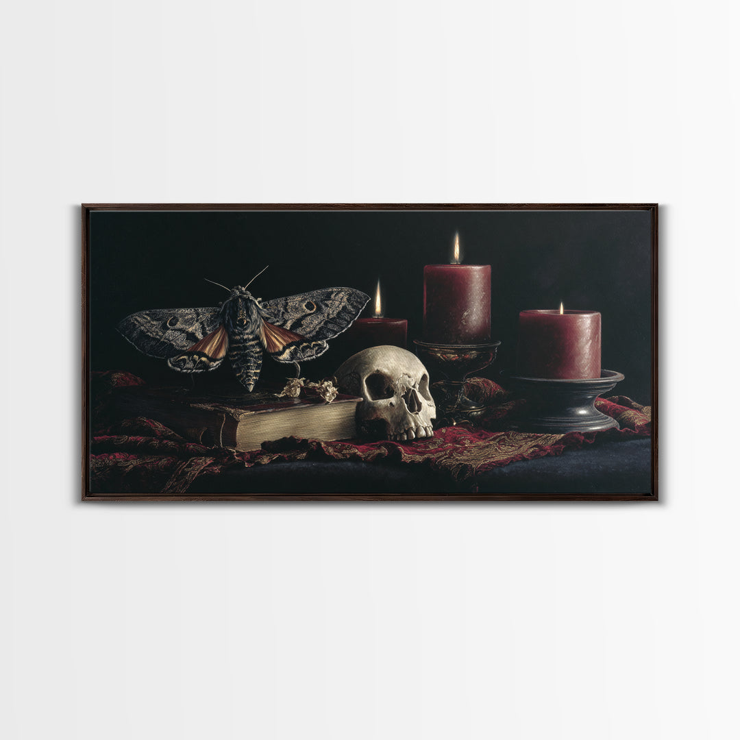 Moth and Skull Composition on Black Velvet Framed Canvas Print, Gothic Art, Halloween Art, Living Room Decor, Watercolor Art, GOT-2x1-59