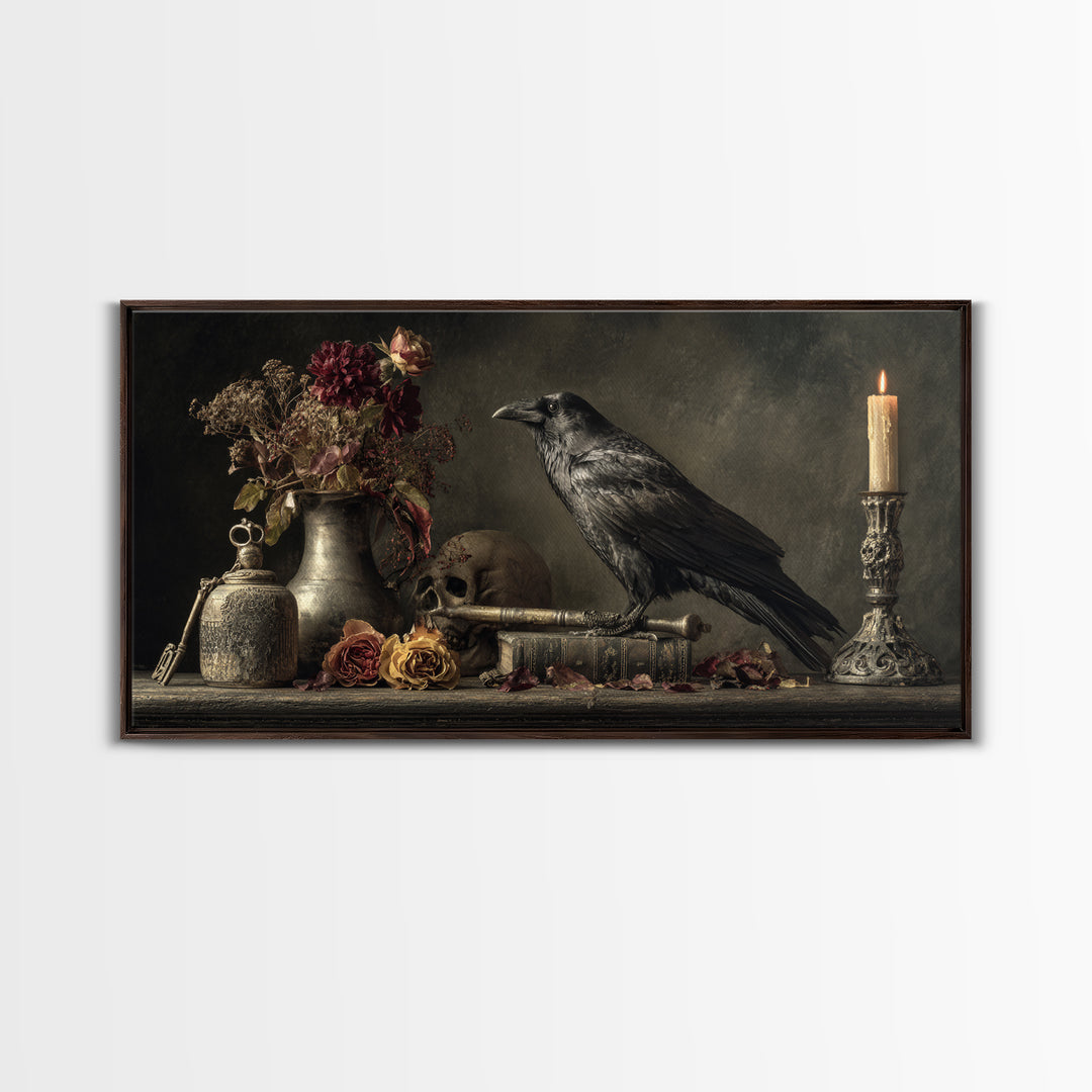 Crow Feathers and Antique Key Still Life Framed Canvas Print, Gothic Art, Dark Academia Decor, Living Room Decor, Gothic, GOT-2x1-80
