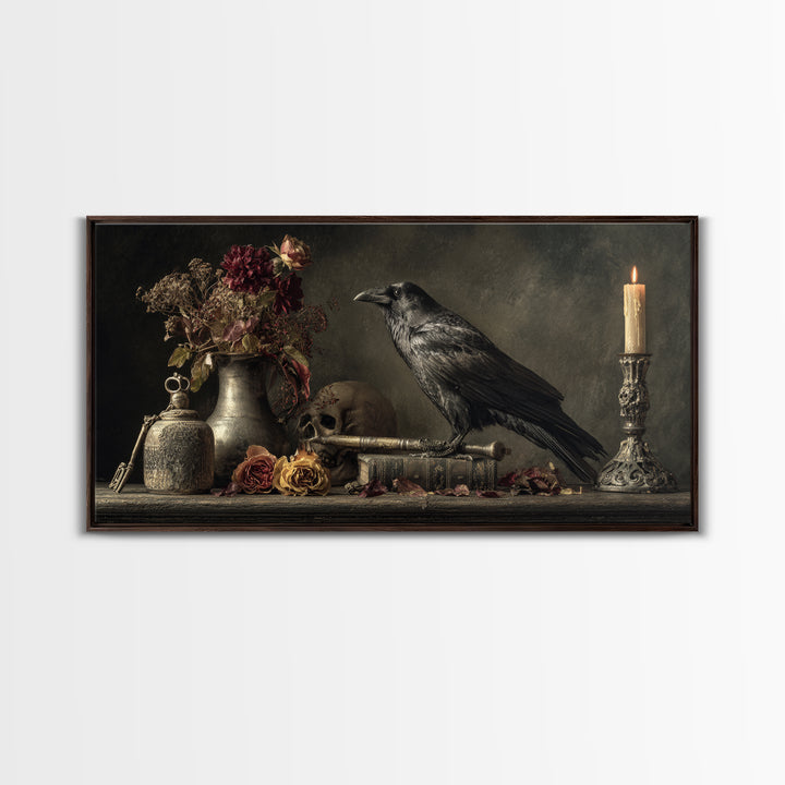 Crow Feathers and Antique Key Still Life Framed Canvas Print, Gothic Art, Dark Academia Decor, Living Room Decor, Gothic, GOT-2x1-80