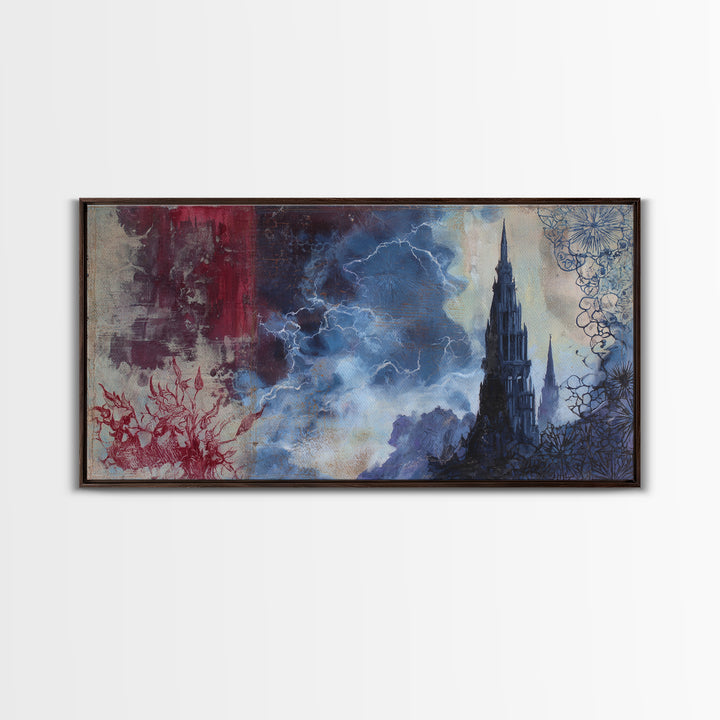 Cathedral Spire Beneath Lightning Clouds Canvas Print, Gothic Art, Wall Art, Living Room Decor, Gothic, Canvas Tote Bag, GOT-2x1-82