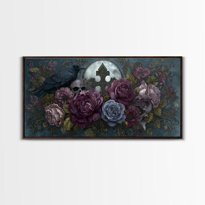 Ornate Cross and Roses Dramatic Still Life Framed Canvas Print, Gothic Art, Canvas Tote Bag, Living Room Decor, Gothic, GOT-2x1-88