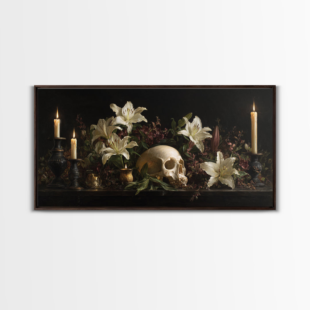 Skull Surrounded by Lilies and Candles Framed Canvas Print, Gothic Art, Canvas Tote Bag, Living Room Decor, Fine Art, Gothic, GOT-2x1-97