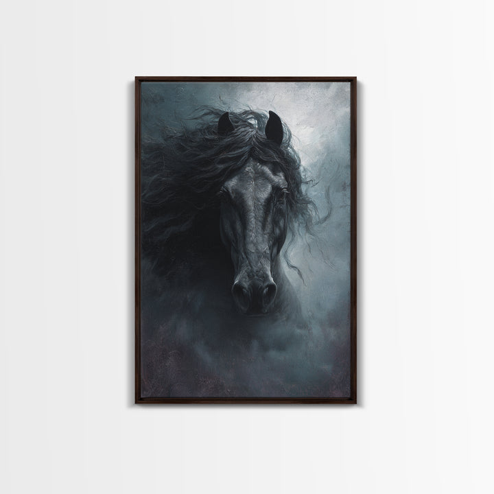 Black Horse with Flowing Mane in Fog Framed Canvas Print, Gothic Art, Wall Art, Living Room Decor, Gothic, Canvas Tote Bag, GOT-2x3-1