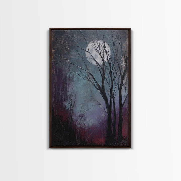 Silver Moon over Twisted Black Trees Framed Canvas Print, Gothic Art, Art Prints, Living Room Decor, Abstract Art, Gothic, GOT-2x3-17