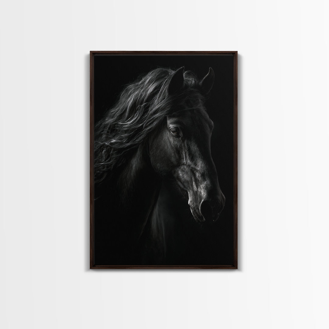 Black Horse with Flowing Mane in Fog Framed Canvas Print, Gothic Art, Wall Art, Living Room Decor, Gothic, Canvas Tote Bag, GOT-2x3-25