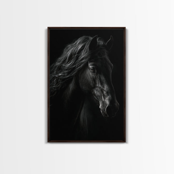 Black Horse with Flowing Mane in Fog Framed Canvas Print, Gothic Art, Wall Art, Living Room Decor, Gothic, Canvas Tote Bag, GOT-2x3-25