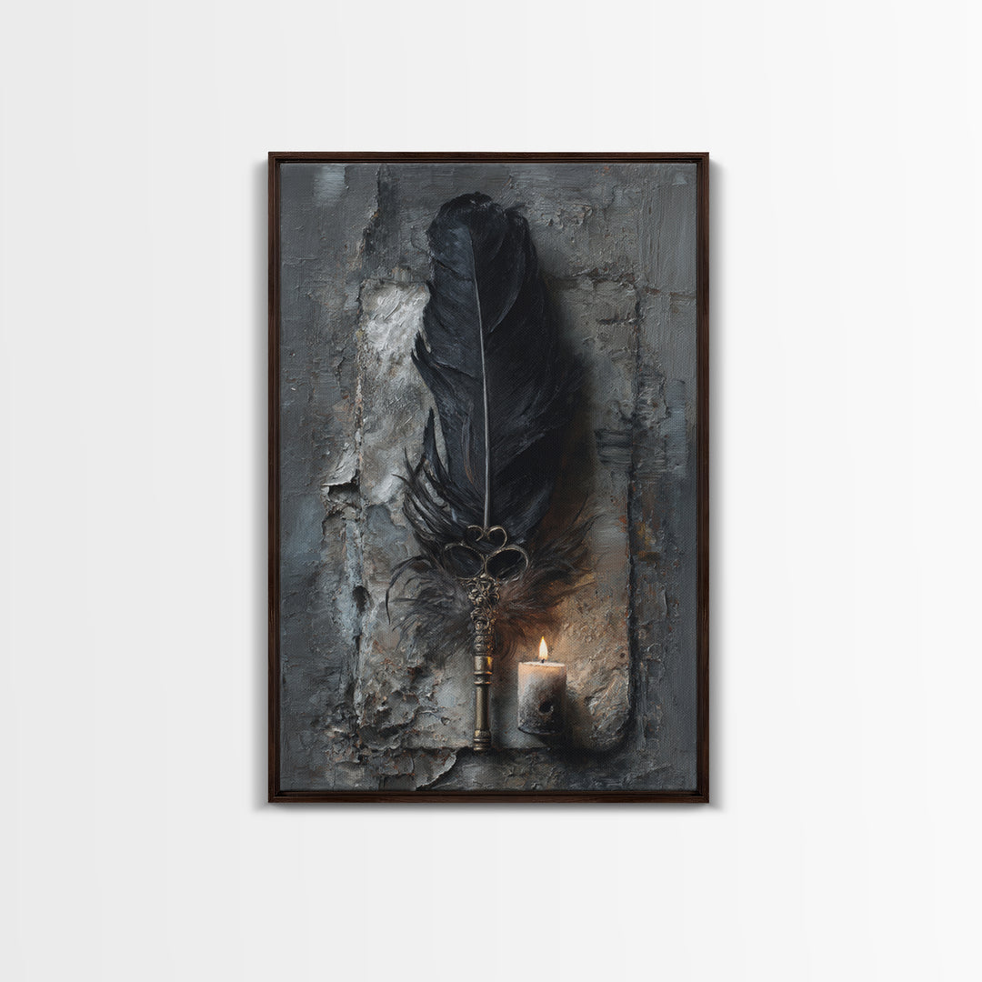 Crow Feathers and Antique Key Still Life Framed Canvas Print, Gothic Art, Black and White Art, Living Room Decor, GOT-2x3-44