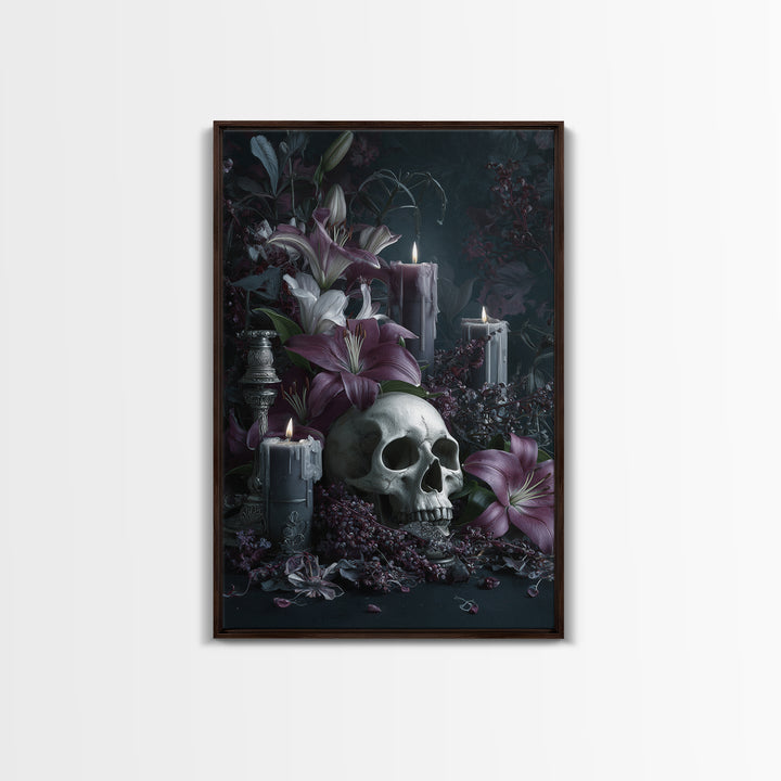Skull Surrounded by Lilies and Candles Canvas Print, Gothic Art, Original Painting, Living Room Decor, Fine Art, Gothic, GOT-2x3-61