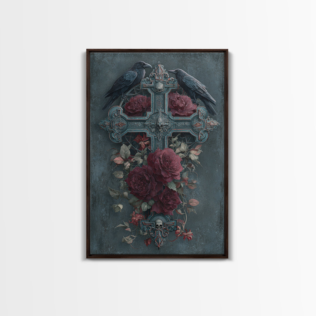 Ornate Cross and Roses Dramatic Still Life Framed Canvas Print, Gothic Art, Printable Art, Living Room Decor, Fine Art, Gothic, GOT-2x3-76
