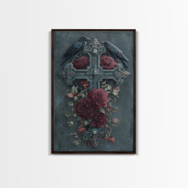 Ornate Cross and Roses Dramatic Still Life Framed Canvas Print, Gothic Art, Printable Art, Living Room Decor, Fine Art, Gothic, GOT-2x3-76