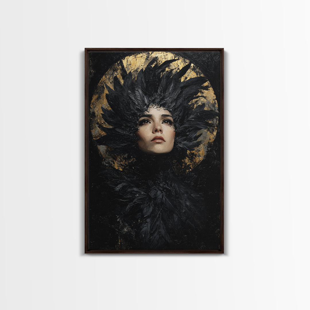 Raven Feathers Arranged Like a Halo Framed Canvas Print, Gothic Art, Art Prints, Living Room Decor, Fine Art, Gothic, GOT-2x3-78