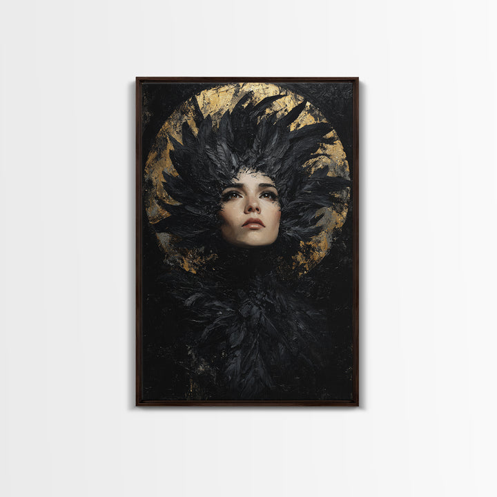 Raven Feathers Arranged Like a Halo Framed Canvas Print, Gothic Art, Art Prints, Living Room Decor, Fine Art, Gothic, GOT-2x3-78