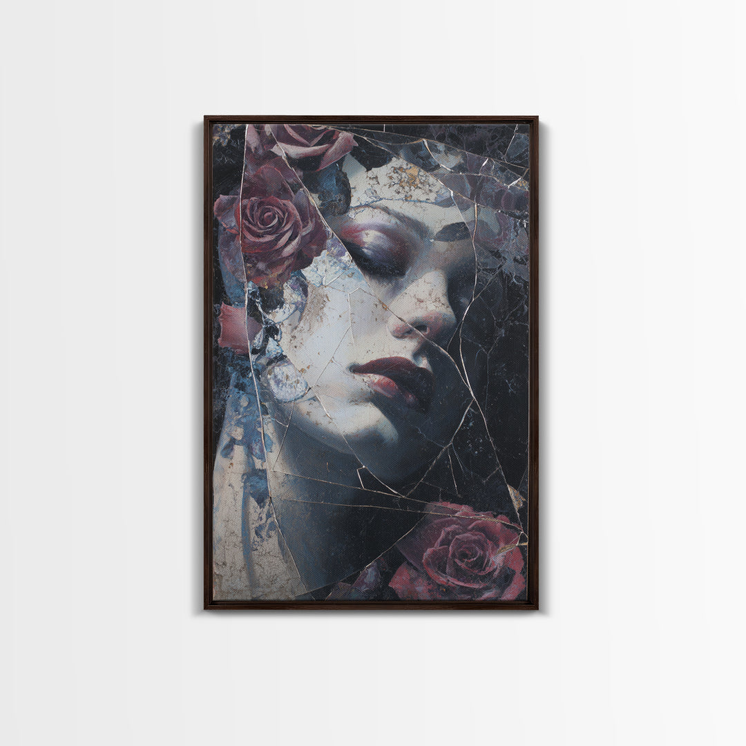 Cracked Mirror Reflecting Moon and Roses Canvas Print, Gothic Art, Poster, Living Room Decor, Fine Art, Gothic, Witchy Decor, GOT-2x3-79
