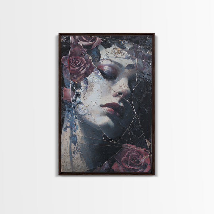 Cracked Mirror Reflecting Moon and Roses Canvas Print, Gothic Art, Poster, Living Room Decor, Fine Art, Gothic, Witchy Decor, GOT-2x3-79
